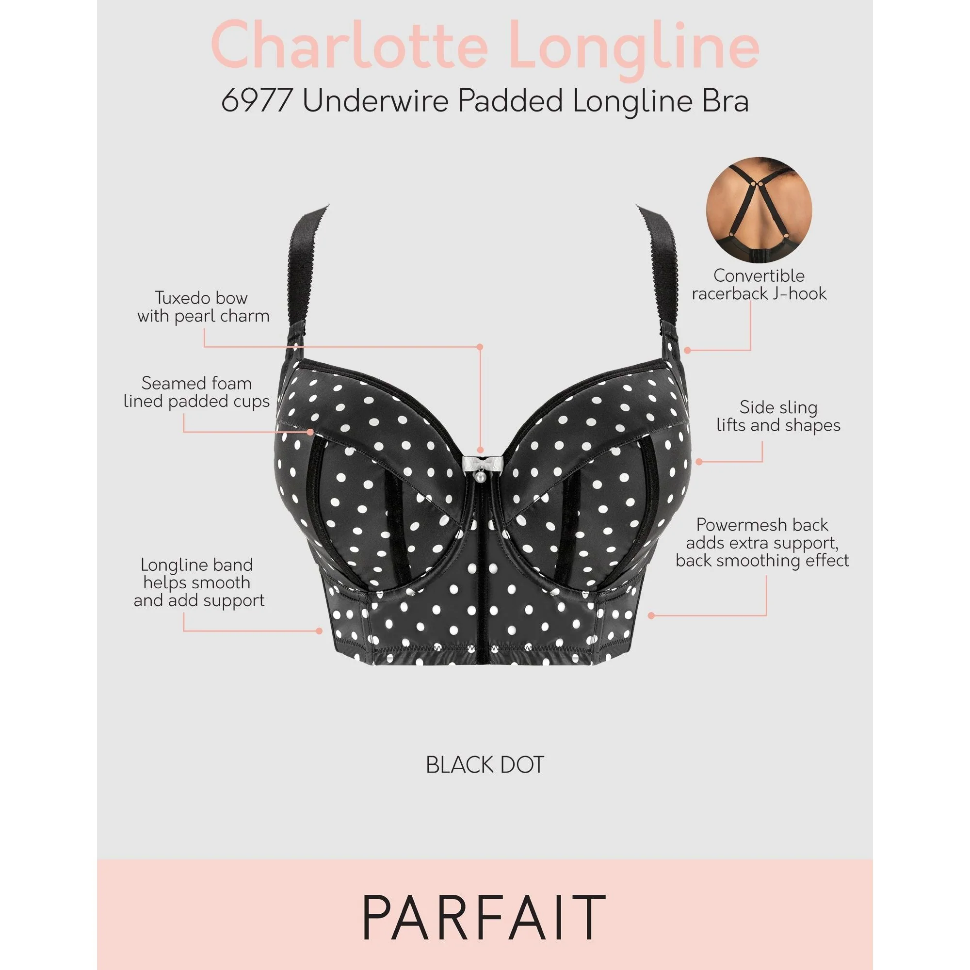 Charlotte Lightly Padded Wired Longline Bra-Black Dot - Image 7