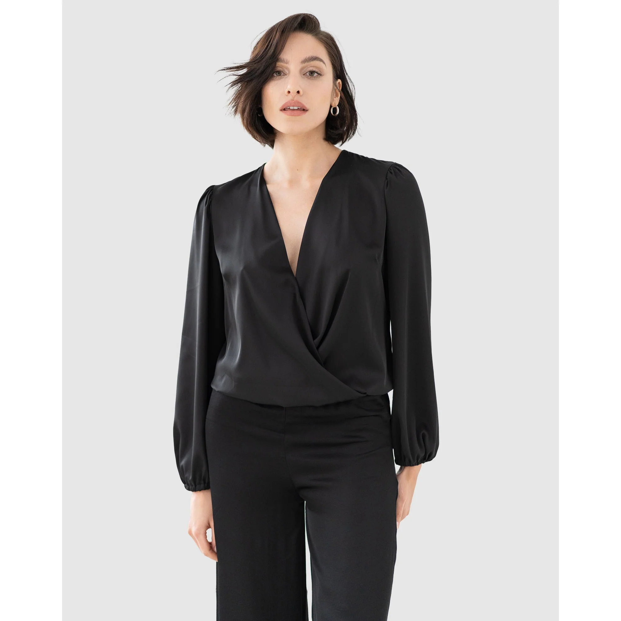 Draped Satin Long Sleeve Blouse Bodysuit - Image 4
