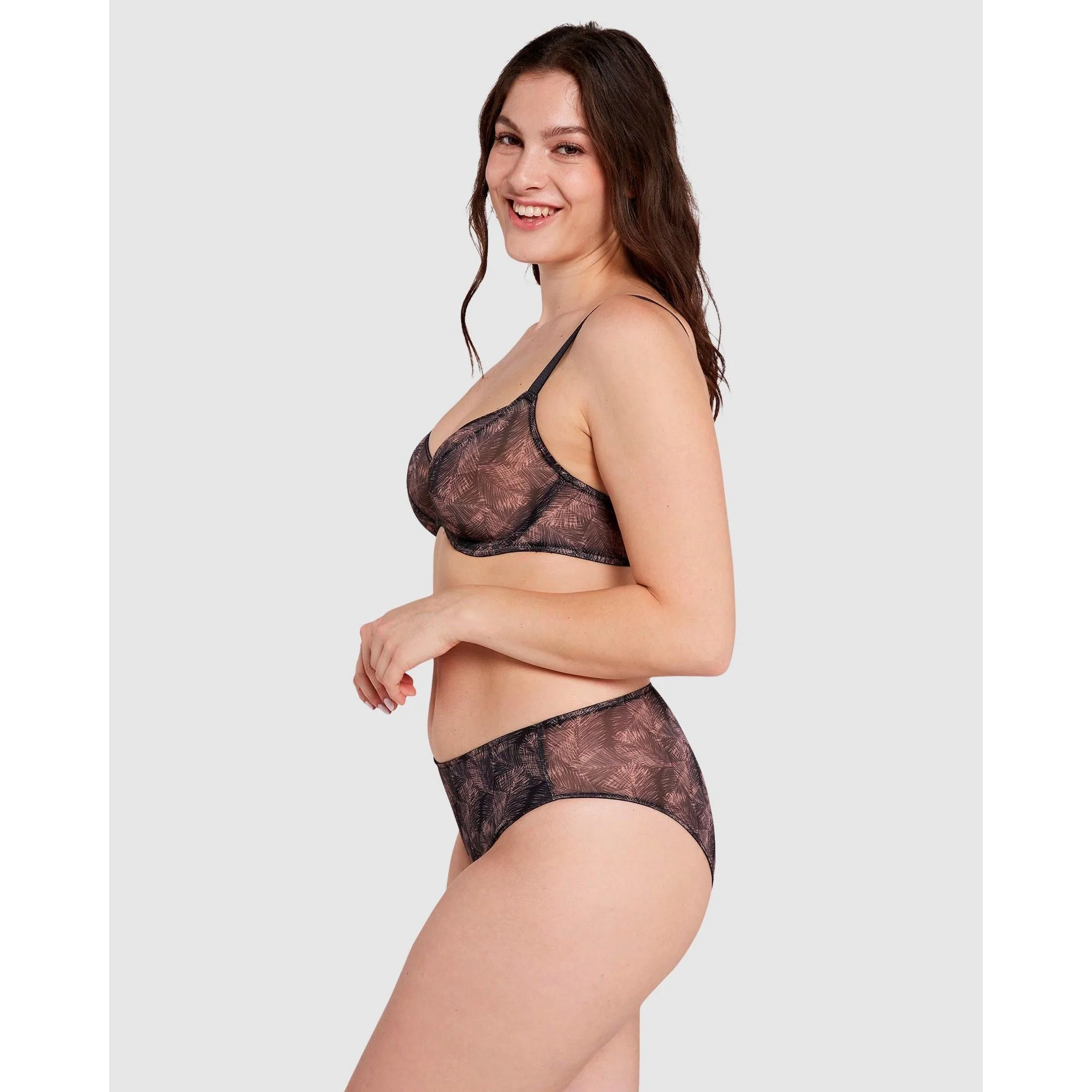 So Pure Fantaisy Sustainable Tulle Wired Full Cup Bra-Print Black & Nude Palms - Image 4