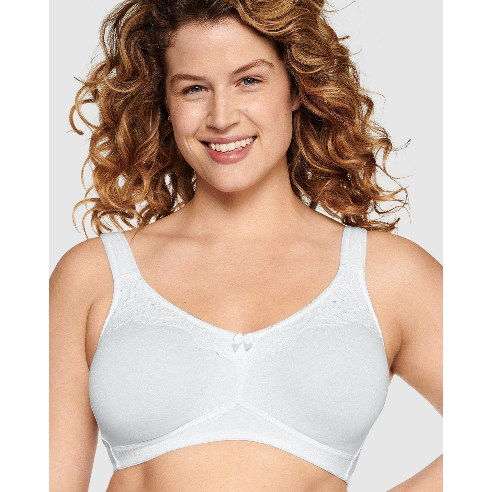 Wide Strap Wirefree Cotton Bra with Lace-White