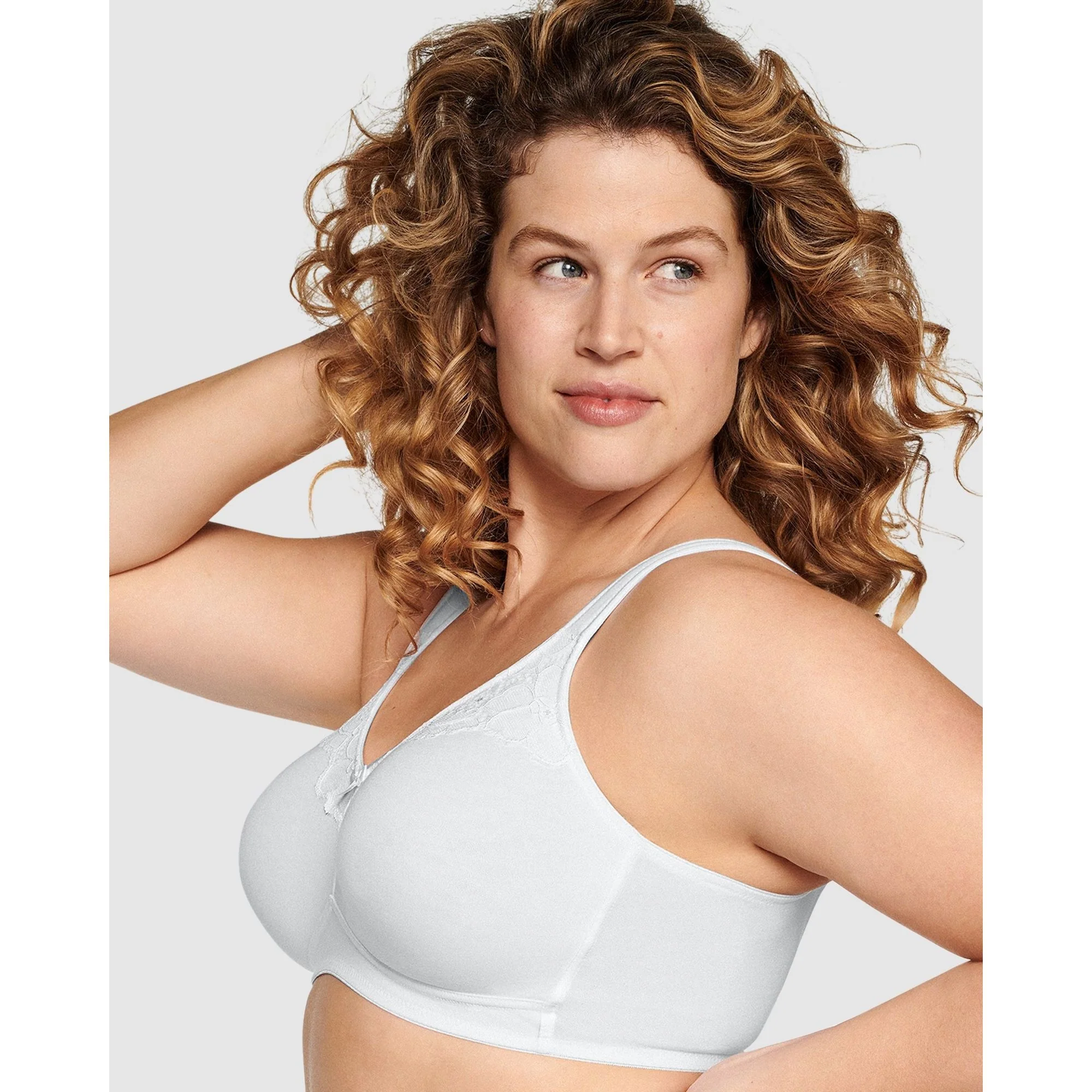 Wide Strap Wirefree Cotton Bra with Lace-White - Image 3
