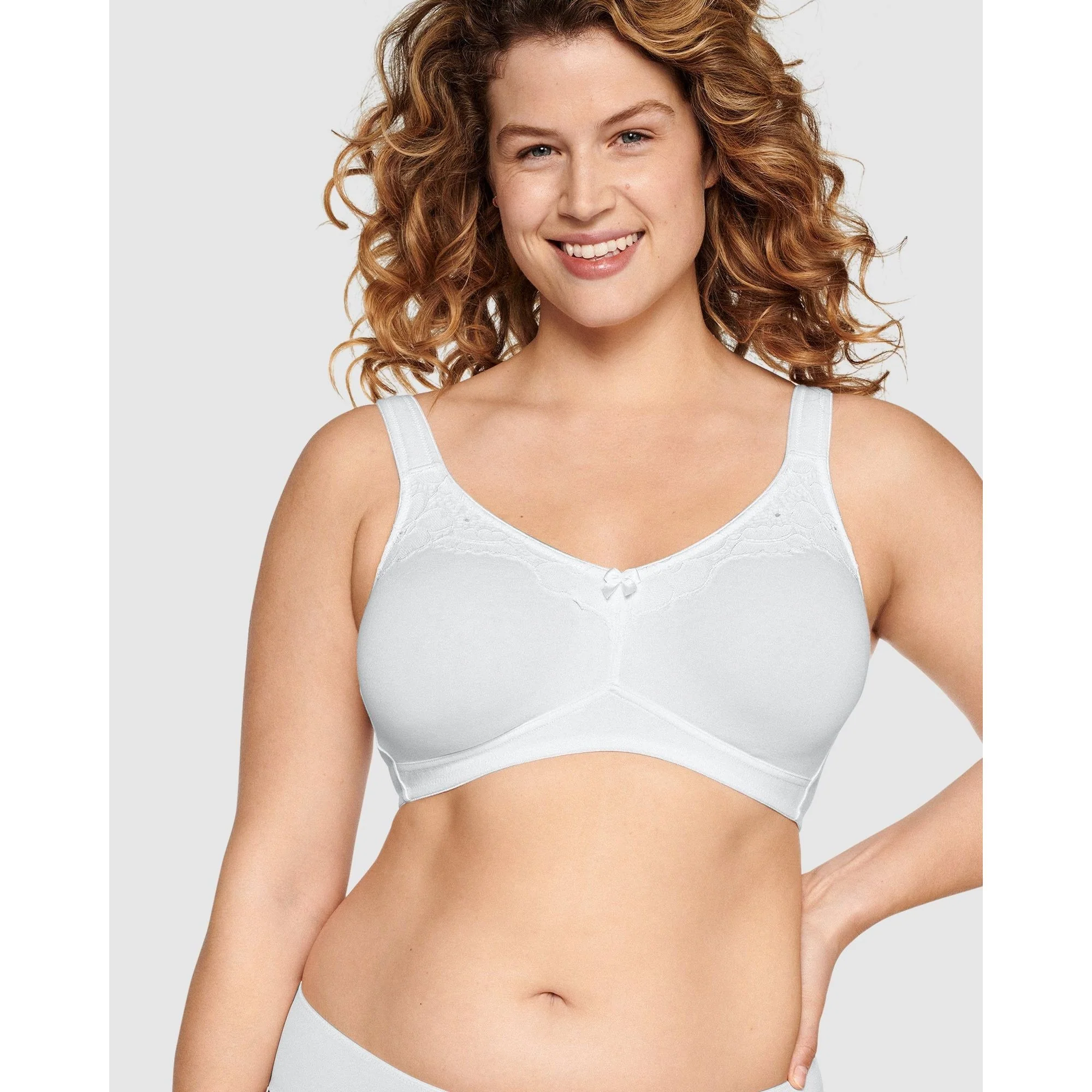 Wide Strap Wirefree Cotton Bra with Lace-White - Image 5