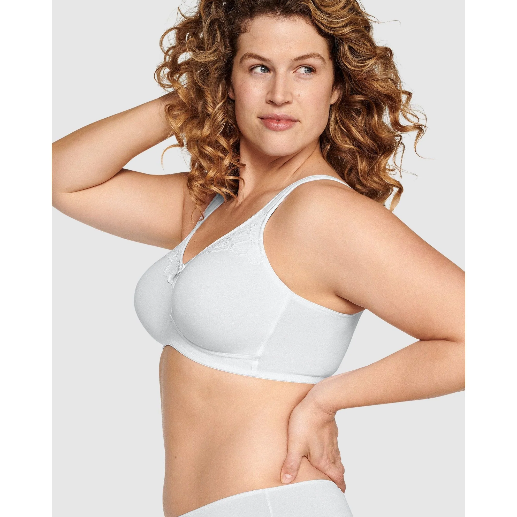 Wide Strap Wirefree Cotton Bra with Lace-White - Image 6